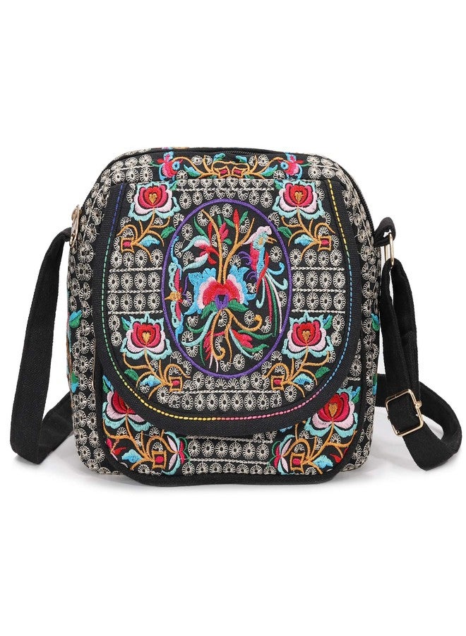 SILKAREA Vintage Embroidery 6.5" Canvas 3 zip Small Crossbody Bag Cell Phone Pouch Wallet Bag Coin Purse for Women (Black Large) - Image 1