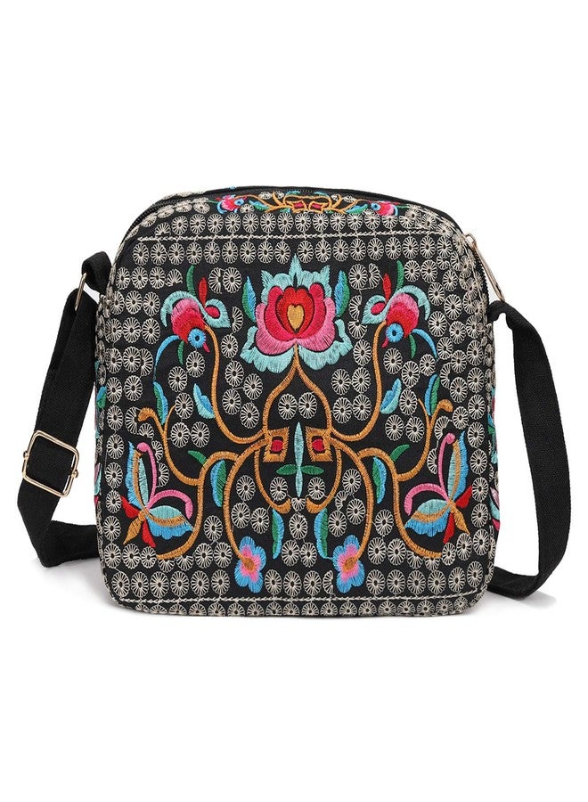 SILKAREA Vintage Embroidery 6.5" Canvas 3 zip Small Crossbody Bag Cell Phone Pouch Wallet Bag Coin Purse for Women (Black Large) - Image 2