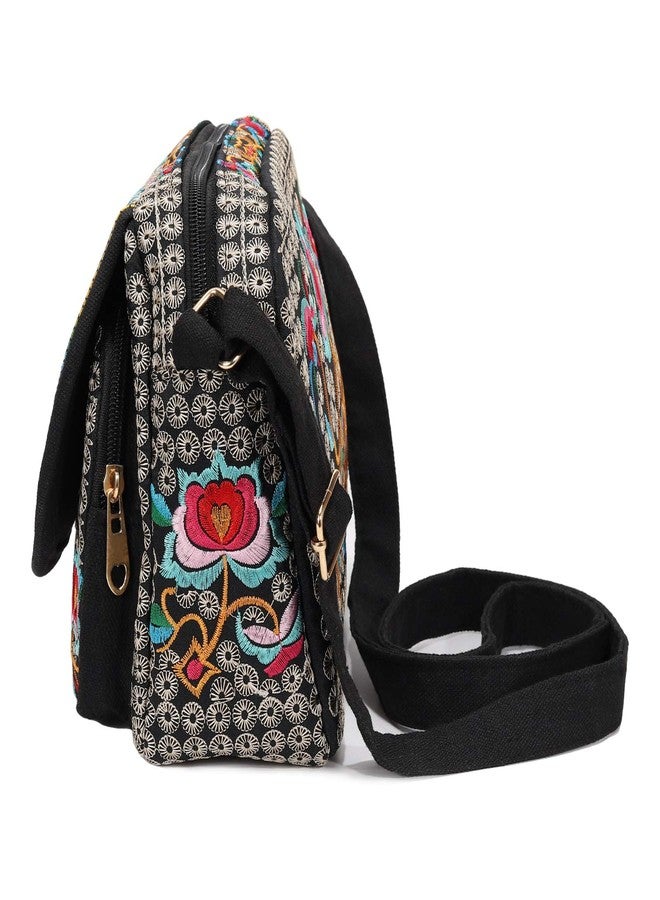 SILKAREA Vintage Embroidery 6.5" Canvas 3 zip Small Crossbody Bag Cell Phone Pouch Wallet Bag Coin Purse for Women (Black Large) - Image 4
