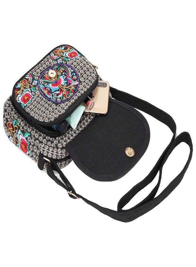 SILKAREA Vintage Embroidery 6.5" Canvas 3 zip Small Crossbody Bag Cell Phone Pouch Wallet Bag Coin Purse for Women (Black Large) - Image 5