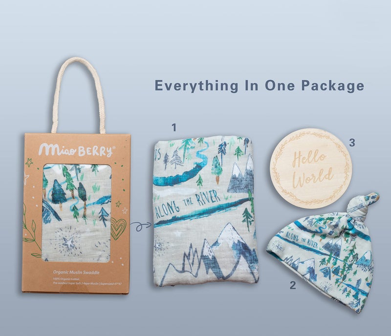 Miaoberry Mountain Baby Organic Muslin Swaddle Blankets for Baby Boy with Hat and Wooden Hello World Newborn Sign, Adventure Forest Theme, Newborn Photography Outfits Boy, Birth Announcement Sign - Image 3