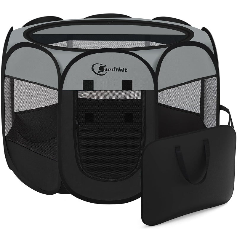 Siedihit Dark Grey Puppy Playpen for Large Dog Cat, Dogs Tent Crates Cage Indoor/Outdoor, Portable Pop Up Dog Kennel with Carrying Bag for Rabbits, (Dark Grey, Large) - Image 1