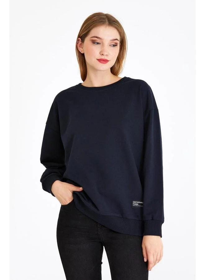 Mmetalic Women's Navy Blue Basic Crew Neck Sweatshirt
