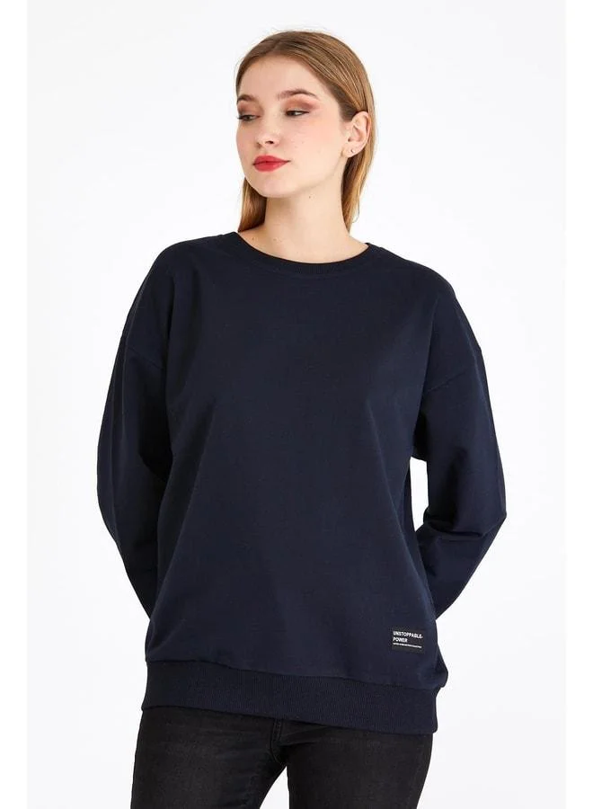 Mmetalic Women's Navy Blue Basic Crew Neck Sweatshirt