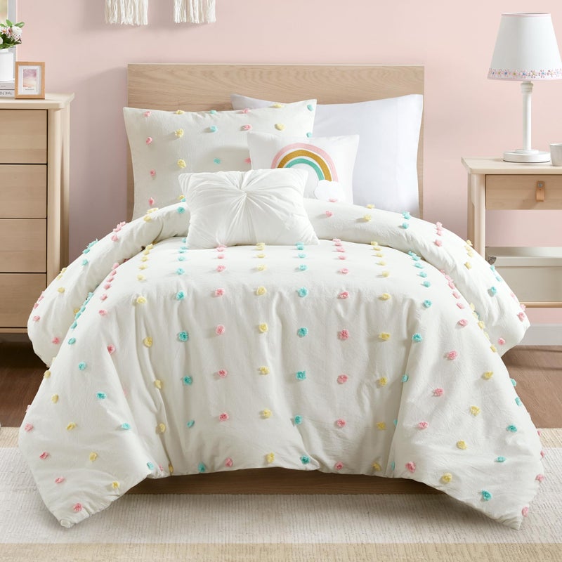 Intelligent Design Callie Girls Twin/Twin XL Comforter Set, Ivory 4-Piece Kids Bedding, 100% Cotton Tufted Pom Pom Tufted Jacquard, All Season Down Alternative, Cozy Shabby Chic Bedroom DÃ©cor - Image 1