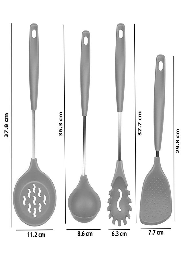 P Plus Fire Silicone Spoon for Cooking - Silicone Noodle Spatula - Flatware Rice Scooper - Skimmer Spoon for Frying - Poori Strainer - Non Stick Spoon - Pasta Server - Rice Server (Set of 4, Grey) - Image 2