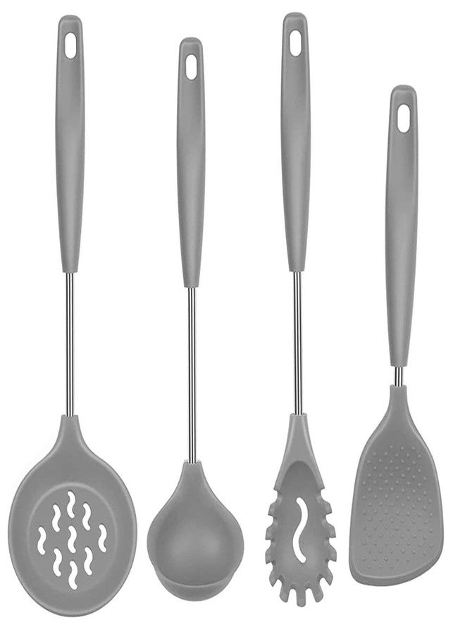 P Plus Fire Silicone Spoon for Cooking - Silicone Noodle Spatula - Flatware Rice Scooper - Skimmer Spoon for Frying - Poori Strainer - Non Stick Spoon - Pasta Server - Rice Server (Set of 4, Grey) - Image 1