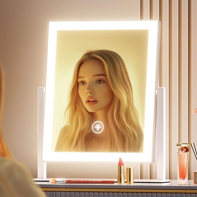 152 LIGHTED MAKEUP MIRROR HOLLYWOOD VANITY MIRROR WITH LIGHTS THREE COLOR MODESDETACHABLE 10X MAGNIFICATION MIRROR SMART TOUCH CONTROL 360ROTATION WHITE
