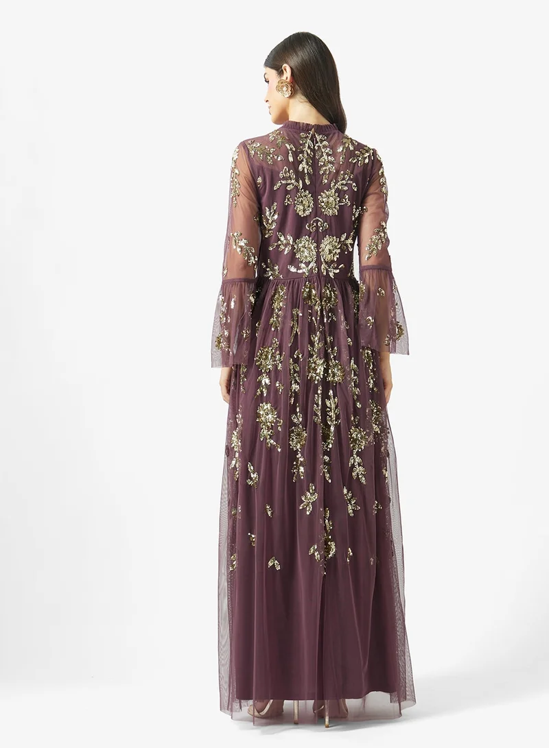 Frock And Frill Fig Embellished Bell Sleeve Maxi Dress for Women | Best Price UAE