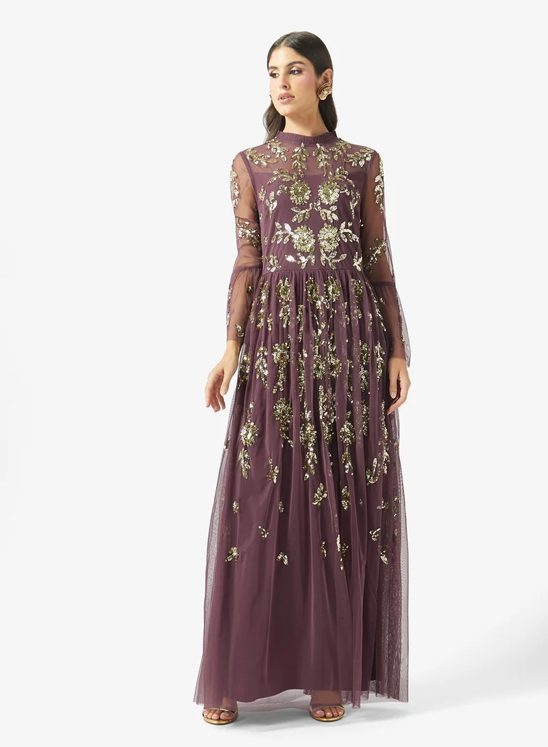 Frock And Frill Fig Embellished Bell Sleeve Maxi Dress for Women | Best Price UAE