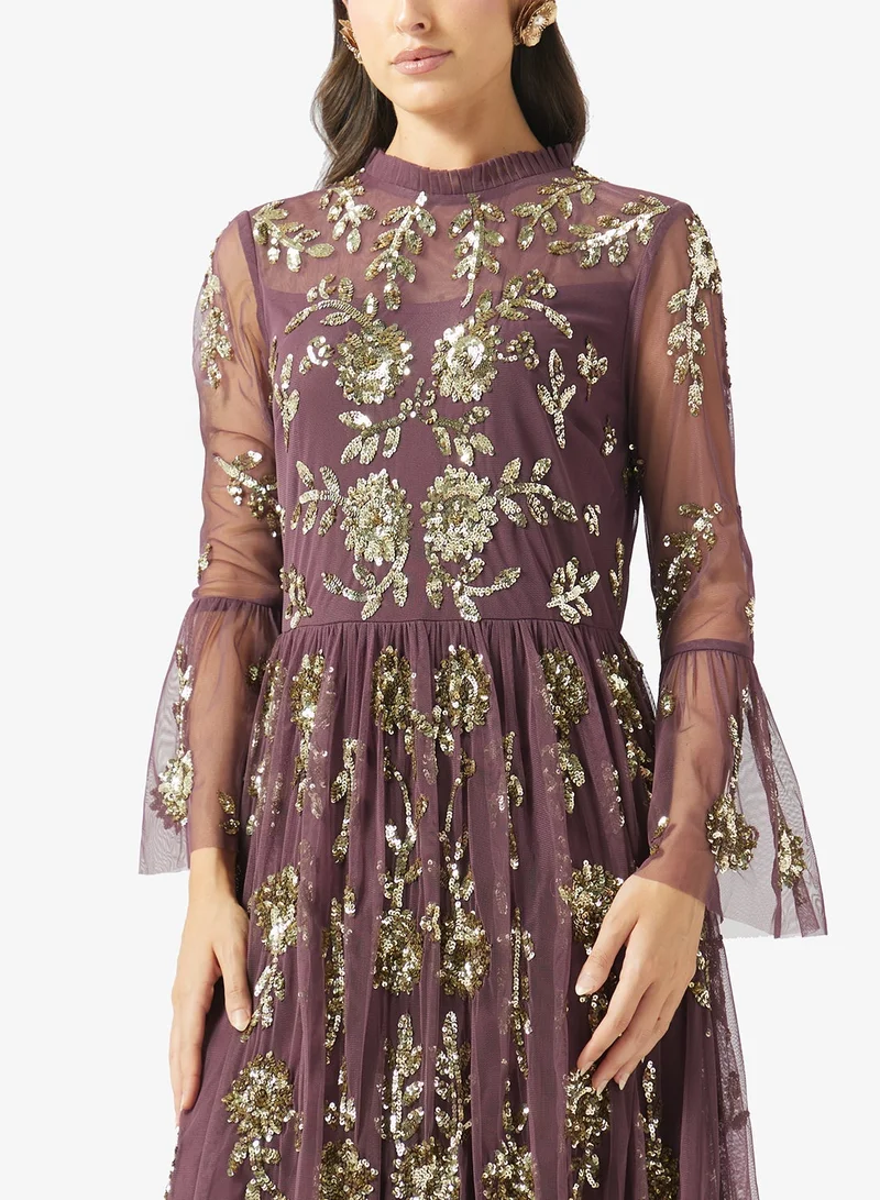 Frock And Frill Fig Embellished Bell Sleeve Maxi Dress for Women | Best Price UAE