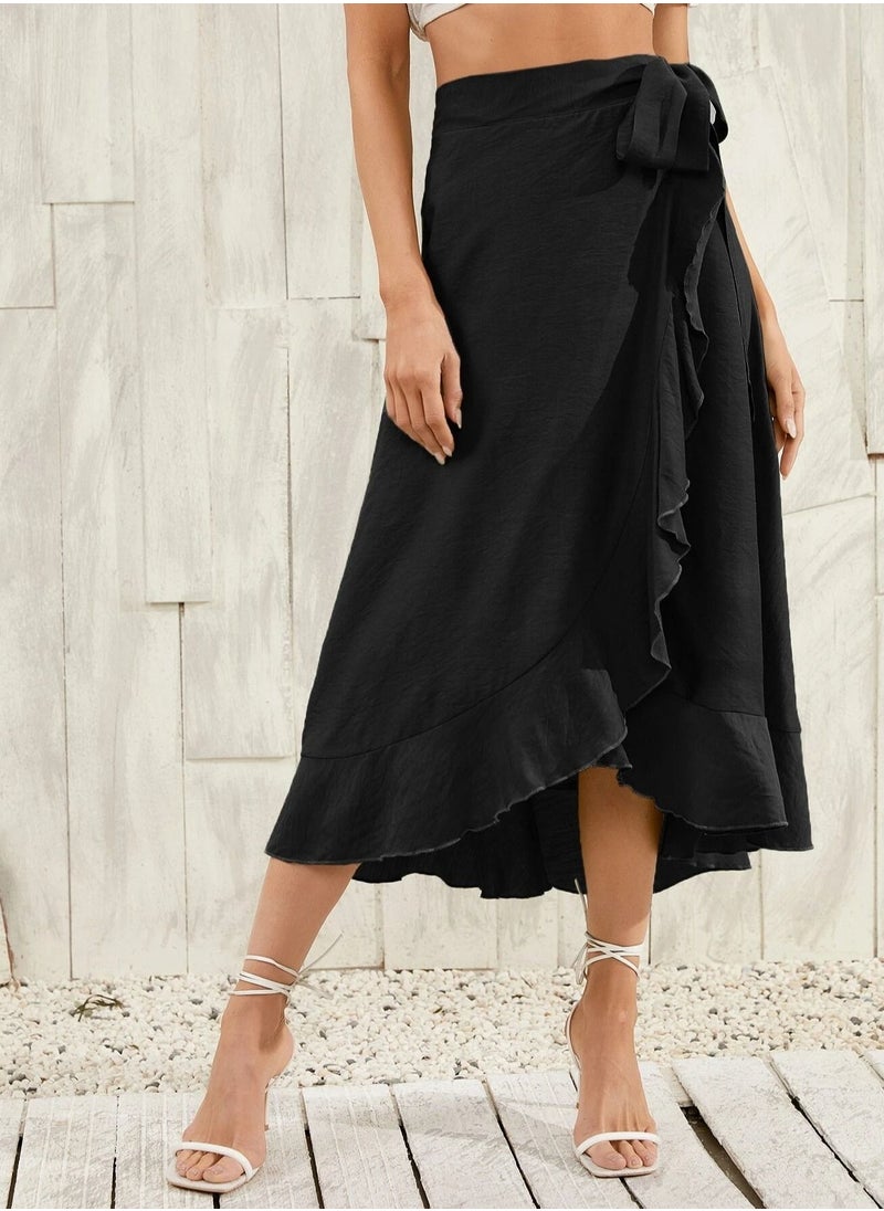 Loquat - Women's Solid Color Ruffle Wrap Skirt Tie Waist Boho High Low Asymmetrical Midi Skirt Black - Image 1