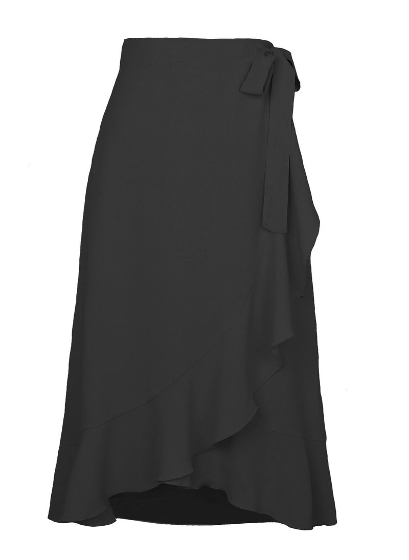 Loquat - Women's Solid Color Ruffle Wrap Skirt Tie Waist Boho High Low Asymmetrical Midi Skirt Black - Image 1