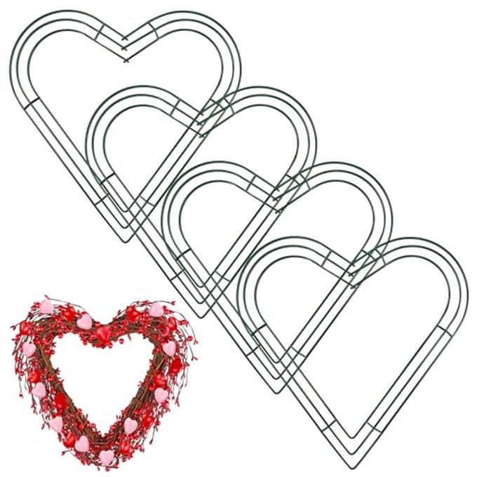 Aodaer 4 Pack 12 Inch Heart Wire Wreaths Frame Heart Metal Wreath Garland Green Wire Flower Wreath for Valentine's Day, Wedding Party, Home Ceremony Decoration - Image 1