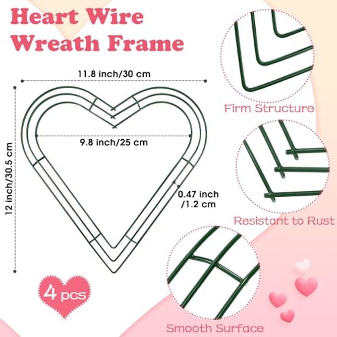Aodaer 4 Pack 12 Inch Heart Wire Wreaths Frame Heart Metal Wreath Garland Green Wire Flower Wreath for Valentine's Day, Wedding Party, Home Ceremony Decoration - Image 2