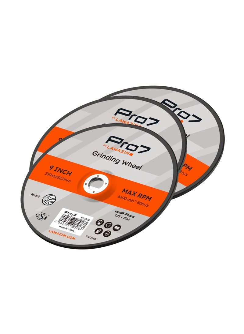 LAWAZIM Pro7 Grinding Disc for Metal - 3 Pack 9inch (230x6mm) - 7/8" Arbor Abrasive Angle Grinder Wheel - Ideal for Steel, Inox, Weld Grinding, Edge Blending, Deburring, and Heavy-Duty Surface Prep - Image 1