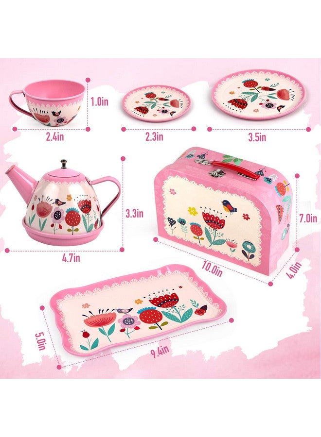 D-FantiX Kids Tea Set for Little Girls, 15Pcs Pink Tin Tea Party Set for Toddlers Afternoon Tea Time Playset with Metal Teapots Tea Cups Play Dishes Princess Toys Gifts with Carry Case - Image 4