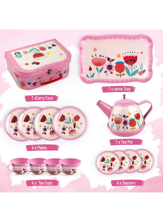D-FantiX Kids Tea Set for Little Girls, 15Pcs Pink Tin Tea Party Set for Toddlers Afternoon Tea Time Playset with Metal Teapots Tea Cups Play Dishes Princess Toys Gifts with Carry Case - Image 2