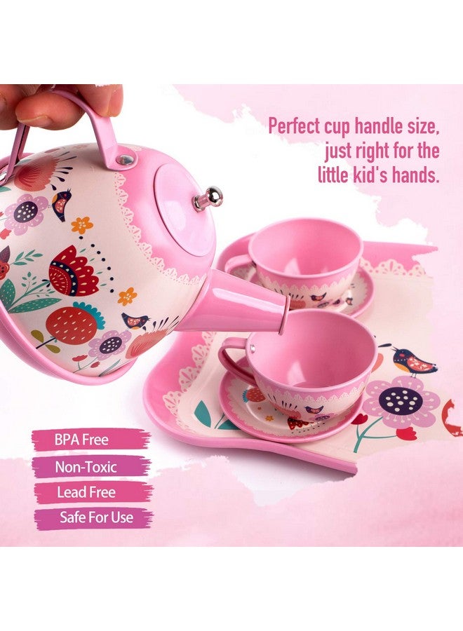 D-FantiX Kids Tea Set for Little Girls, 15Pcs Pink Tin Tea Party Set for Toddlers Afternoon Tea Time Playset with Metal Teapots Tea Cups Play Dishes Princess Toys Gifts with Carry Case - Image 3