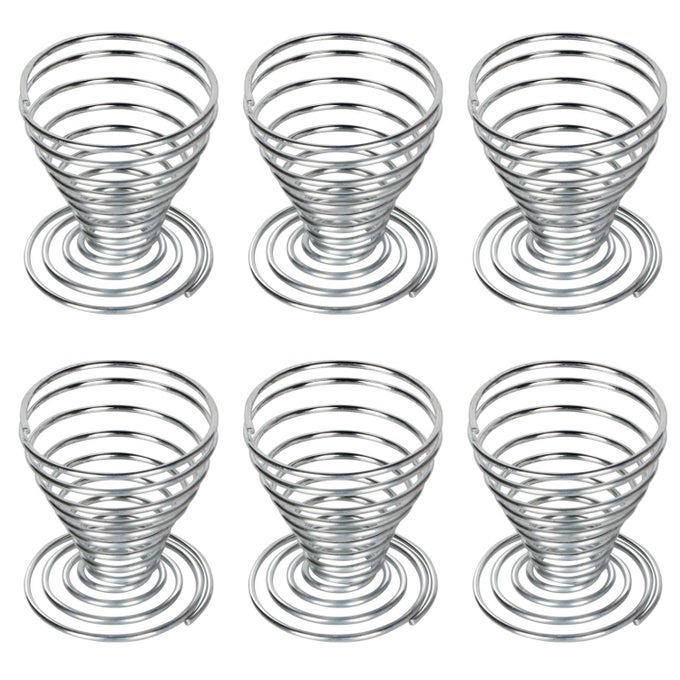 6 X EGG CUPS BRUSHED STAINLESS STEEL SPIRAL SPRING SILVERTONE EGG HOLDERS FOR RESTAURANT AND HOME USE
