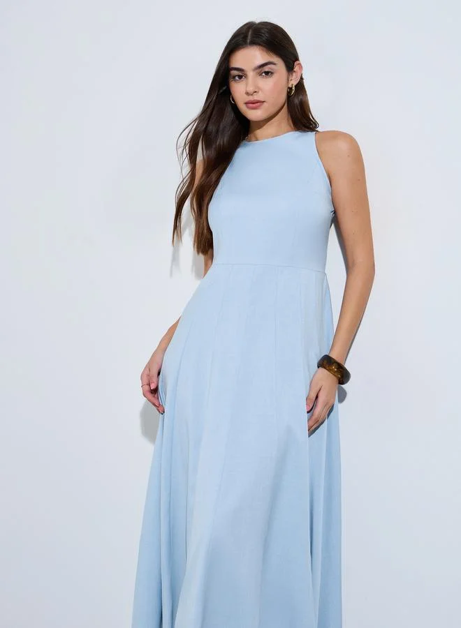 ستايلي Light Blue Sleeveless A-Line Midi Dress