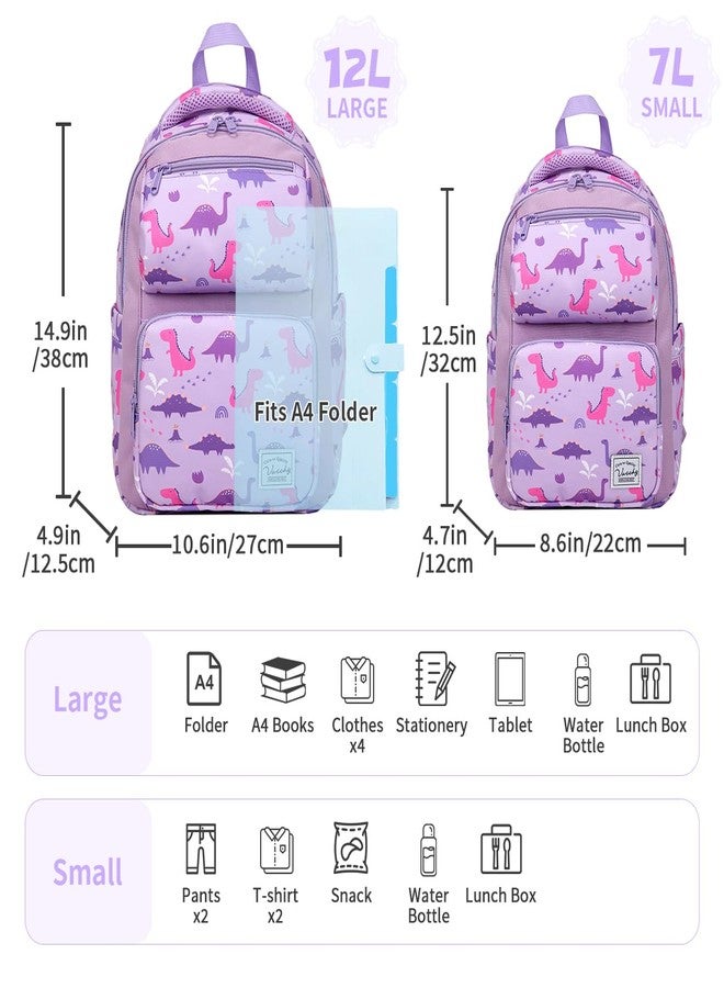 فاشي حقيبة ظهر للأطفال الصغار من فاشي للبنات، حقيبة ظهر صغيرة لطيفة للأطفال في رياض الأطفال والحضانة، سعة 7 لتر، حقيبة كتب للمدرسة والسفر، مزينة برسومات ديناصورات أرجوانية - Image 2