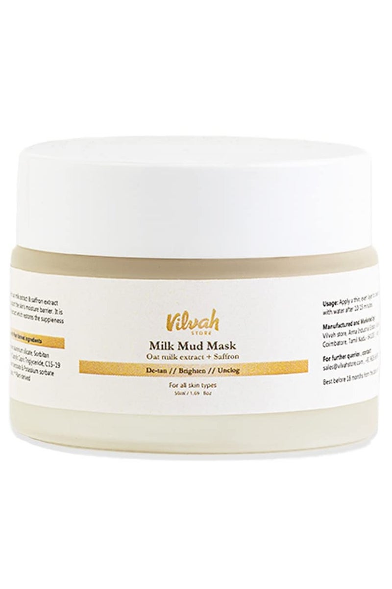 vilvah STORE Milk Mud Mask, De-Tan Pack, With Oat Milk, Saffron Extract and Kaolin Clay, Brightening and Tan Removal Cream, Sulphate Free, For All Skin Types, For Men & Women, 50ml - Image 1