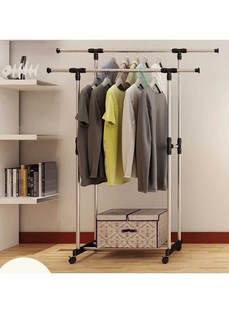 DOUBLE POLE Heavy Duty Double Pole Adjustable Portable Clothes Rack Hanger Extendable Rolling Multicolour  - Image 4