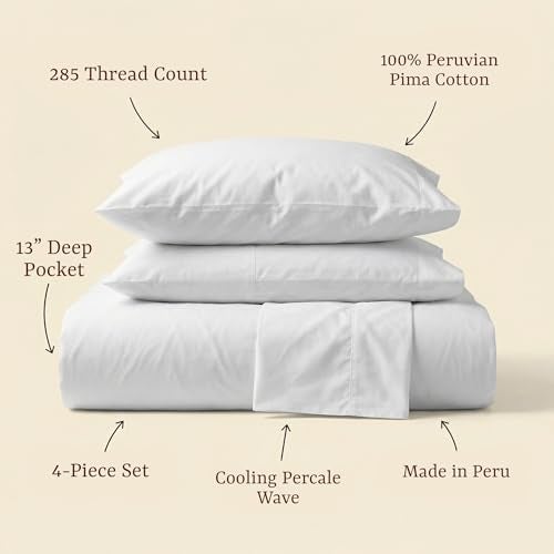 Peru Pima 285 Thread Count Percale Queen Sheet Set - 100% Peruvian Pima Cotton, 4 Piece (Flat, Fitted, 2 Pillowcases) - Cooling, Crisp, Deep Pocket, Hotel Quality Bedding - White - Image 3