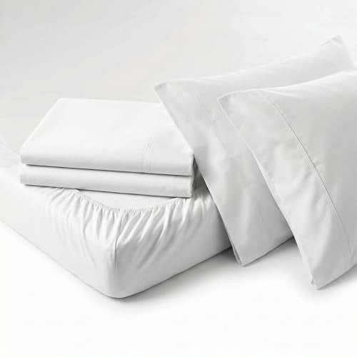 Peru Pima 285 Thread Count Percale Queen Sheet Set - 100% Peruvian Pima Cotton, 4 Piece (Flat, Fitted, 2 Pillowcases) - Cooling, Crisp, Deep Pocket, Hotel Quality Bedding - White - Image 1