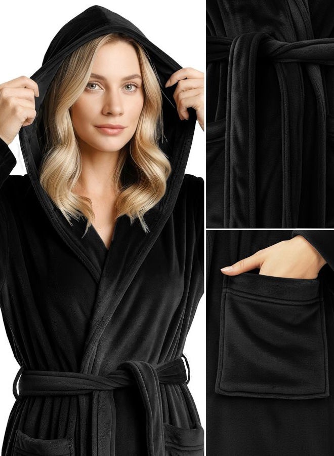 NY Threads روب حمام نسائي بفرو مع غطاء رأس - روب طويل فخم، أسود، L - Image 3
