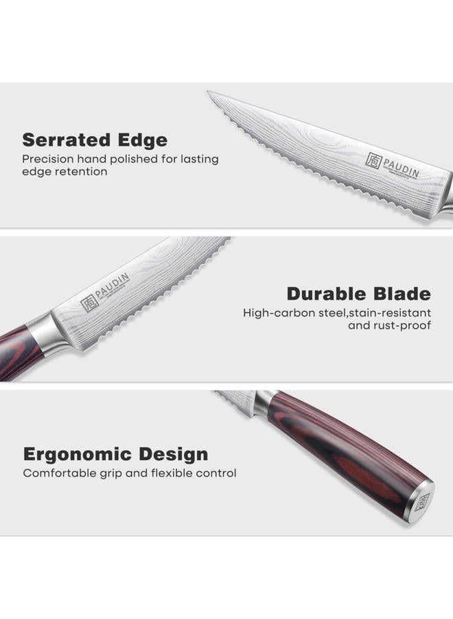 PAUDIN Steak Knives Set of 6, Kitchen Steak Knife 4.5 Inch, High Carbon Stainless Steel Steak Knives, Serrated Steak Knife with Pakkawood Handle, Dinner Knives with Gift Box - Image 3