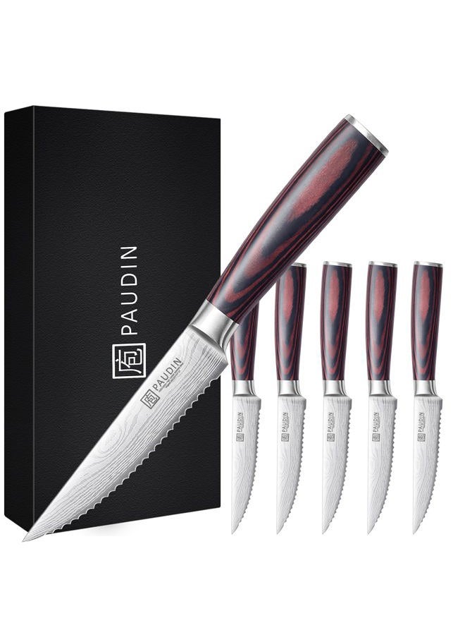 PAUDIN Steak Knives Set of 6, Kitchen Steak Knife 4.5 Inch, High Carbon Stainless Steel Steak Knives, Serrated Steak Knife with Pakkawood Handle, Dinner Knives with Gift Box - Image 1