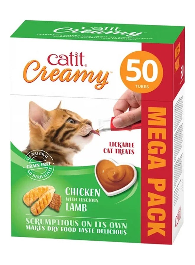 عبوة كبيرة من مكافآت "كريمي تريتس" (Creamy Treats) بنكهة الدجاج ولحم الضأن للقطط - 50 أنبوباً