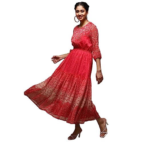 BIBA Printed Rayon Round Neck Women's Knee Length Dress (RED, Size_38) - Image 3