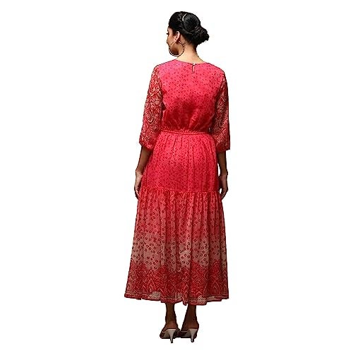 BIBA Printed Rayon Round Neck Women's Knee Length Dress (RED, Size_38) - Image 2