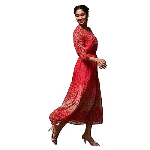 BIBA Printed Rayon Round Neck Women's Knee Length Dress (RED, Size_38) - Image 4