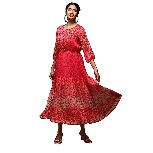 BIBA Printed Rayon Round Neck Women's Knee Length Dress (RED, Size_38) - Image 1