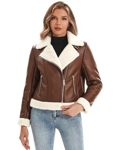 WYOYW Women's Faux Shearing Moto Jacket Thick Fur Lined Coat Cropped Sherpa Leather Jacket Brown M - Image 1