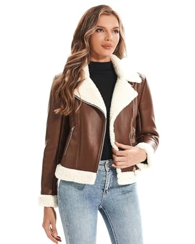 WYOYW Women's Faux Shearing Moto Jacket Thick Fur Lined Coat Cropped Sherpa Leather Jacket Brown M - Image 2