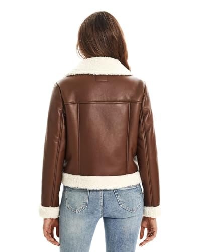 WYOYW Women's Faux Shearing Moto Jacket Thick Fur Lined Coat Cropped Sherpa Leather Jacket Brown M - Image 4