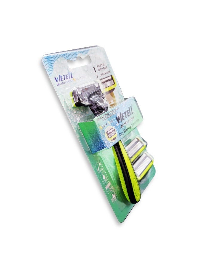 Men's razor with 5 blades and a rear edge trimmer with a movable head for easy shaving and reducing the risk of cuts on the curves of the face, a soothing moisturizing strip, a comfortable, non-slip handle, and 3 replacement heads for a close, smooth, and long-lasting shave.