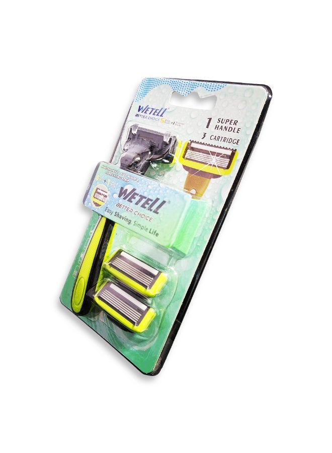Men's razor with 5 blades and a rear edge trimmer with a movable head for easy shaving and reducing the risk of cuts on the curves of the face, a soothing moisturizing strip, a comfortable, non-slip handle, and 3 replacement heads for a close, smooth, and long-lasting shave.