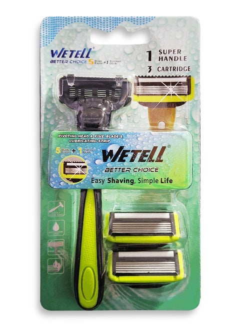 Men's razor with 5 blades and a rear edge trimmer with a movable head for easy shaving and reducing the risk of cuts on the curves of the face, a soothing moisturizing strip, a comfortable, non-slip handle, and 3 replacement heads for a close, smooth, and long-lasting shave.