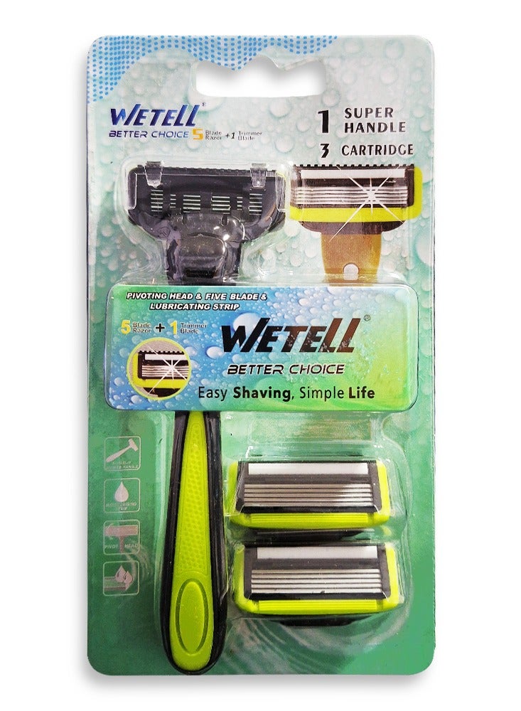 Men's razor with 5 blades and a rear edge trimmer with a movable head for easy shaving and reducing the risk of cuts on the curves of the face, a soothing moisturizing strip, a comfortable, non-slip handle, and 3 replacement heads for a close, smooth, and long-lasting shave.