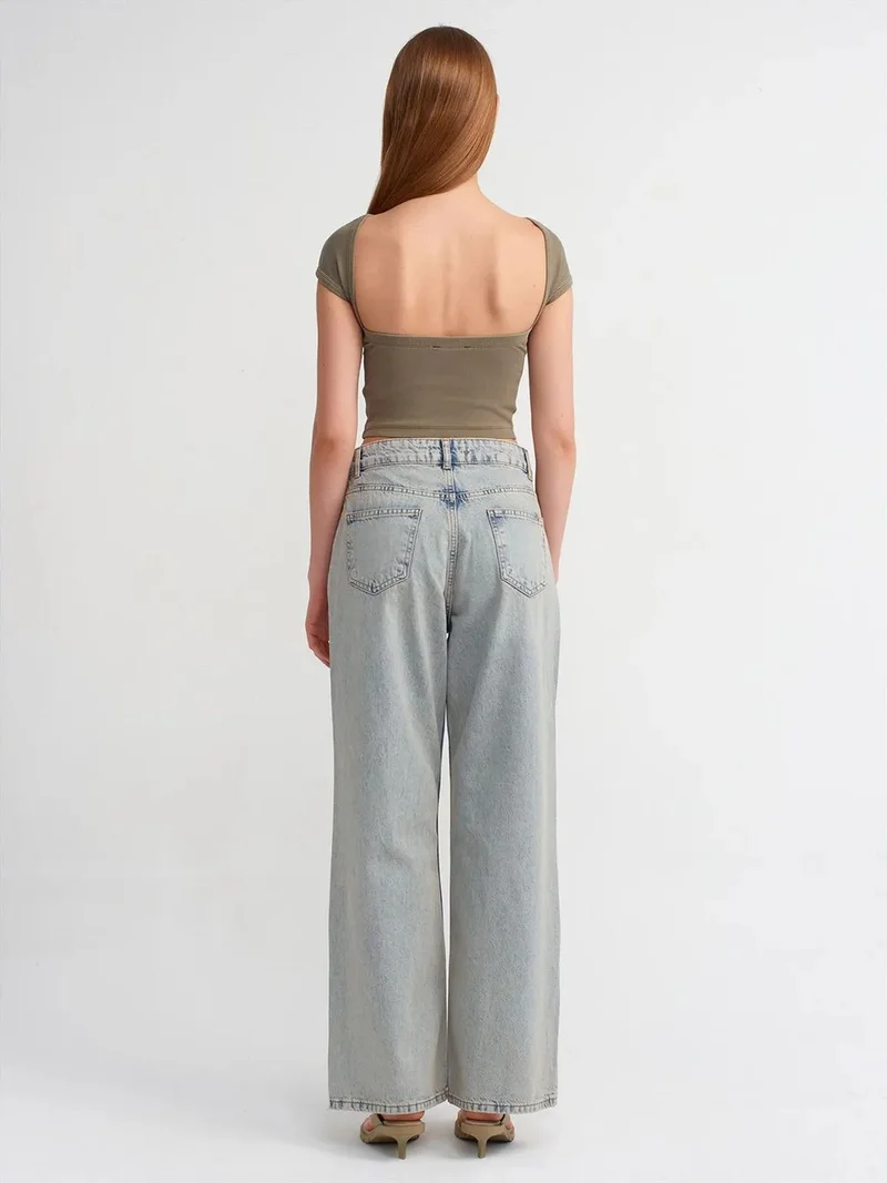 ديلفين Dilvin Mid Waist Wide Leg Cotton Denim Jeans