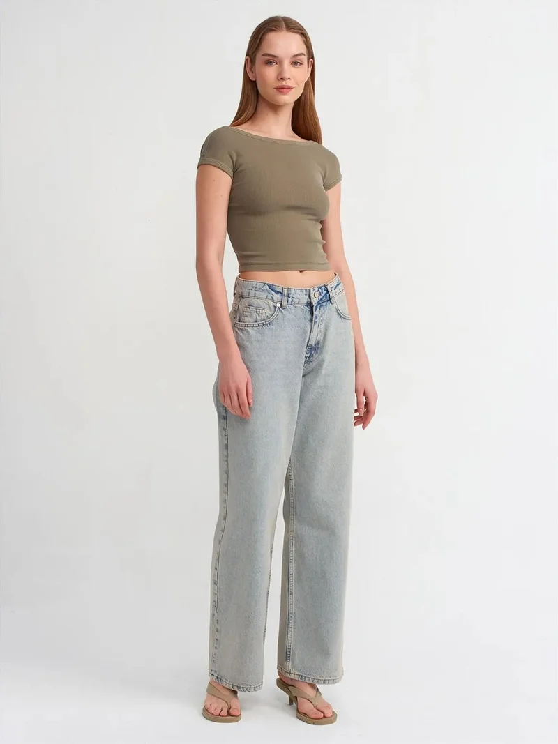 ديلفين Dilvin Mid Waist Wide Leg Cotton Denim Jeans