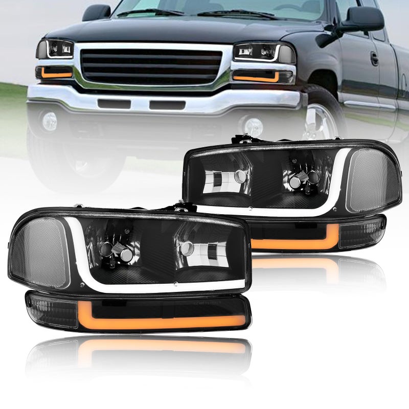 Fullux LED DRL Headlights Assembly Compatible with 1999-2007 GMC Sierra/2000-2006 Yukon XL 1500 2500 No Denali Models Replacements Clear Reflector Black Housing - Image 1
