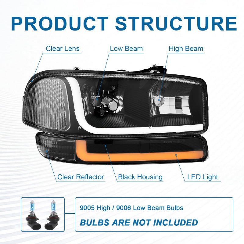 Fullux LED DRL Headlights Assembly Compatible with 1999-2007 GMC Sierra/2000-2006 Yukon XL 1500 2500 No Denali Models Replacements Clear Reflector Black Housing - Image 3