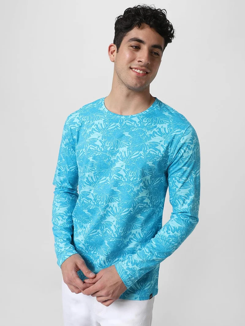 Urbano Fashion Men's Aqua Blue Printed Full Sleeve Slim Fit Cotton T-Shirt